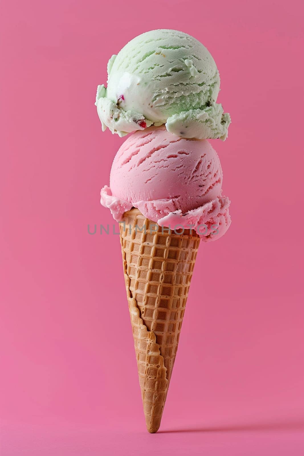 Two scoops of creamy ice cream sit on a vibrant pink background, creating a visually appealing dessert composition.