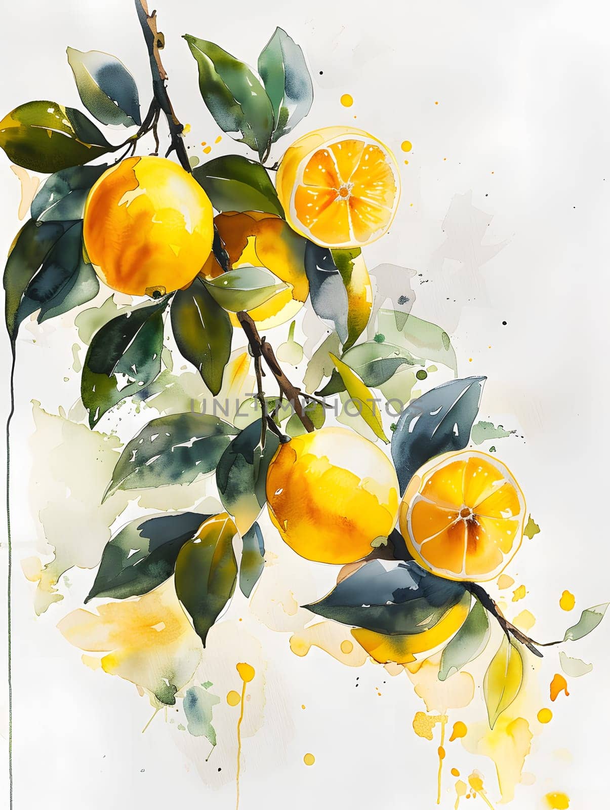 Watercolor illustration of lemons hanging from a tree branch by Nadtochiy