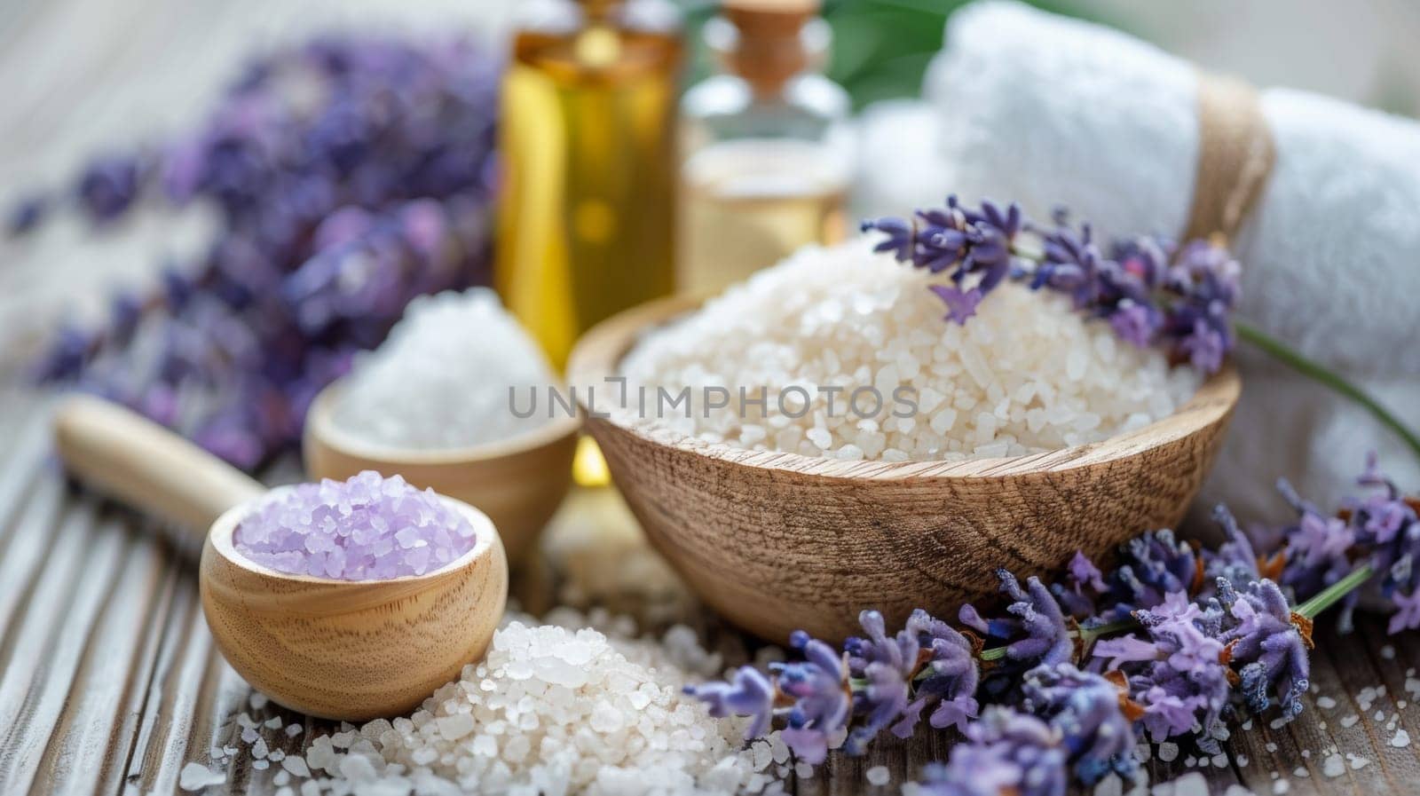 A wooden spoon, a bowl of lavender and some other items