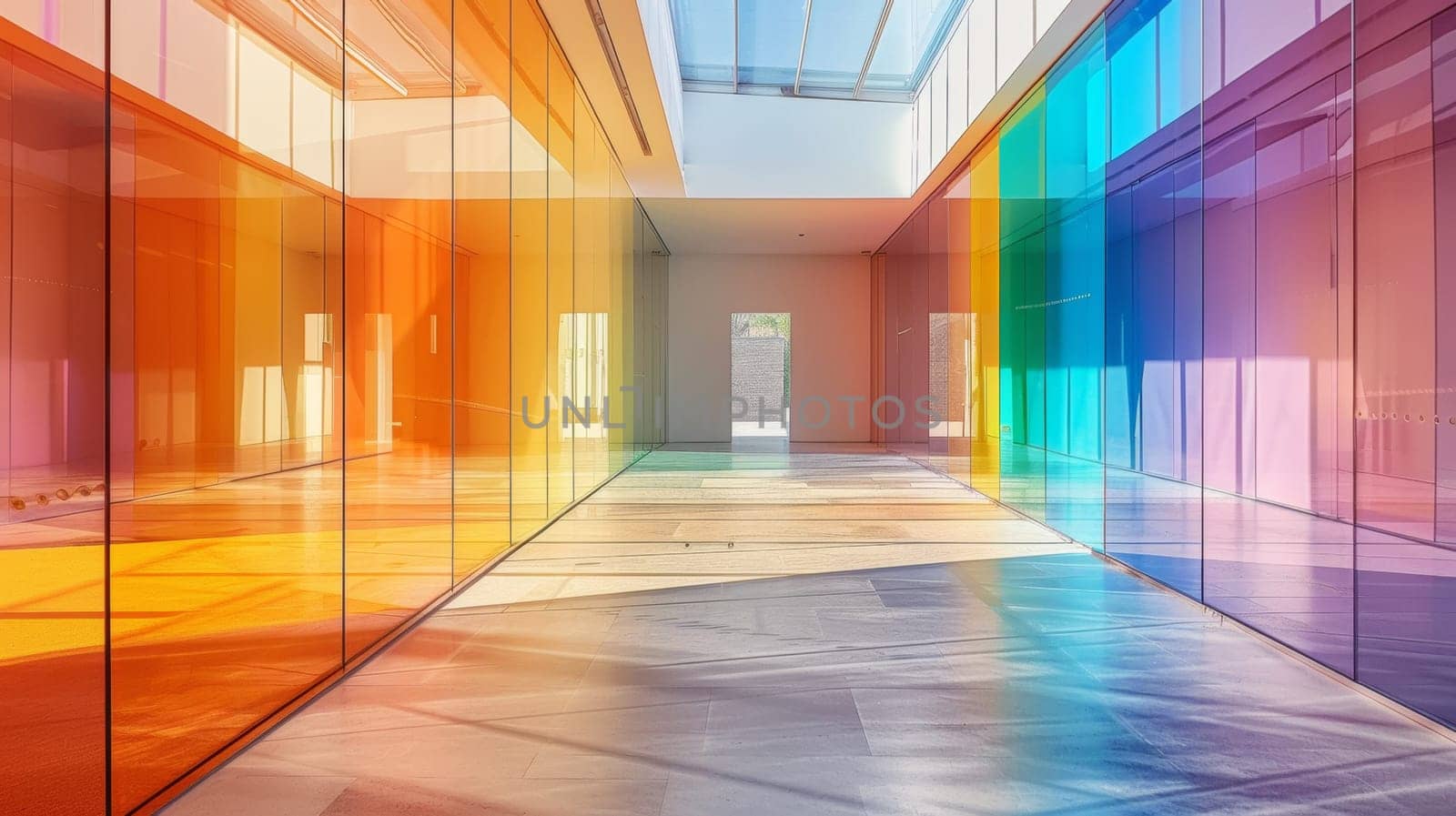 A long hallway with a lot of glass walls and windows