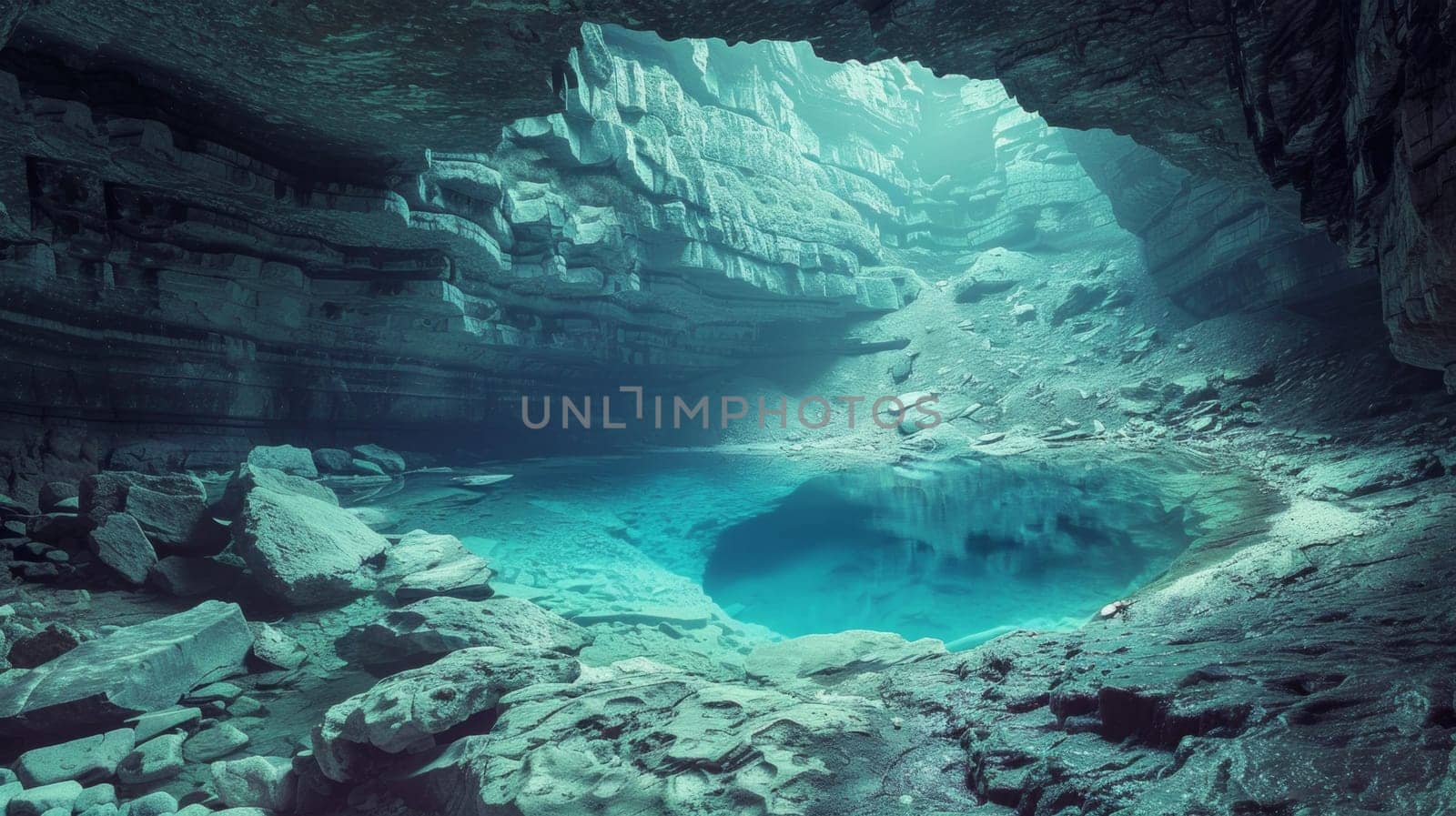 A small pool of water in a cave surrounded by rocks