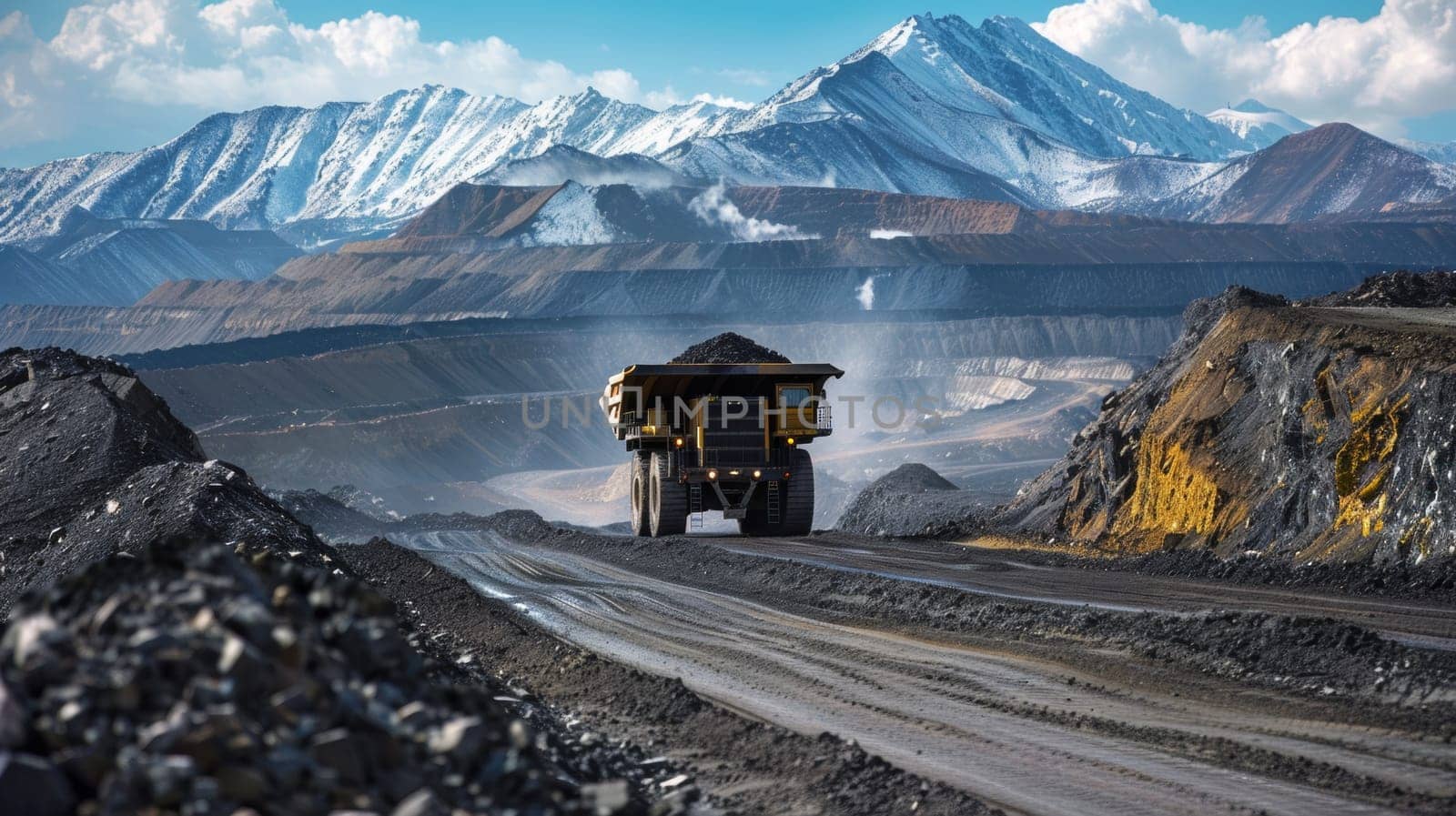 A truck driving down a dirt road in front of mountains