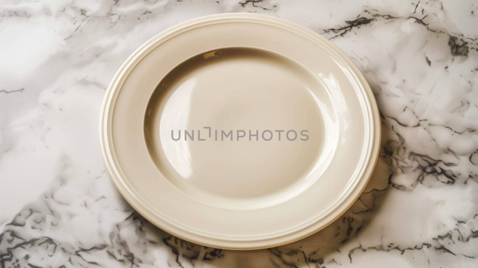 A white plate sitting on a marble counter top