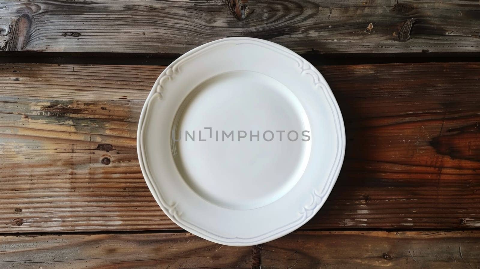 A white plate sitting on top of a wooden table