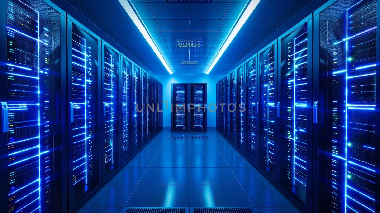 A long hallway with rows of servers and blue lights