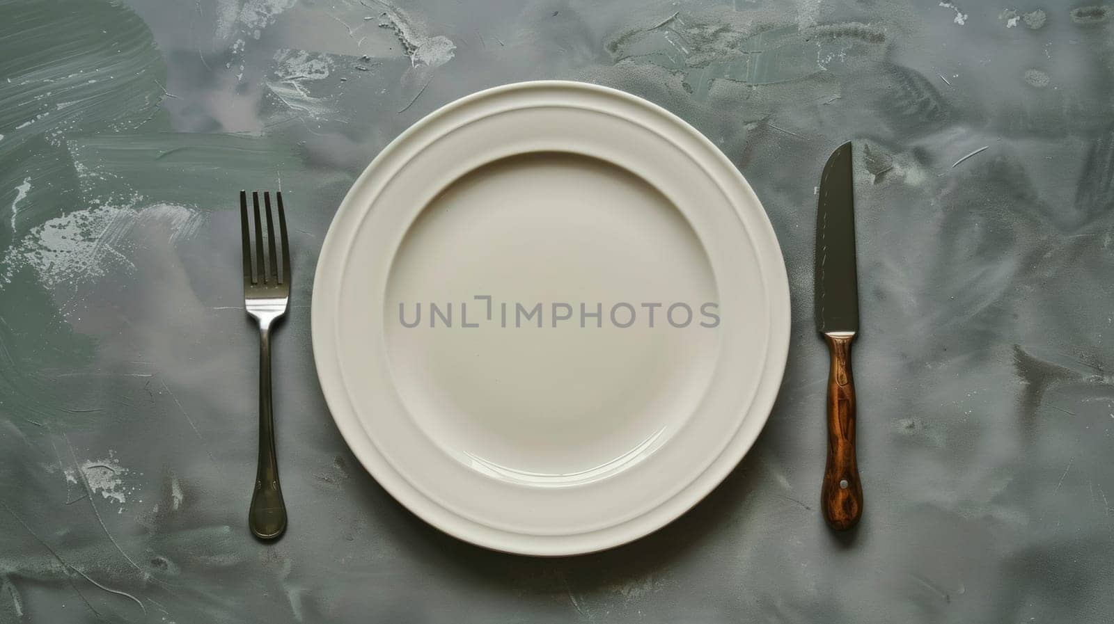 A white plate with fork and knife on a gray table