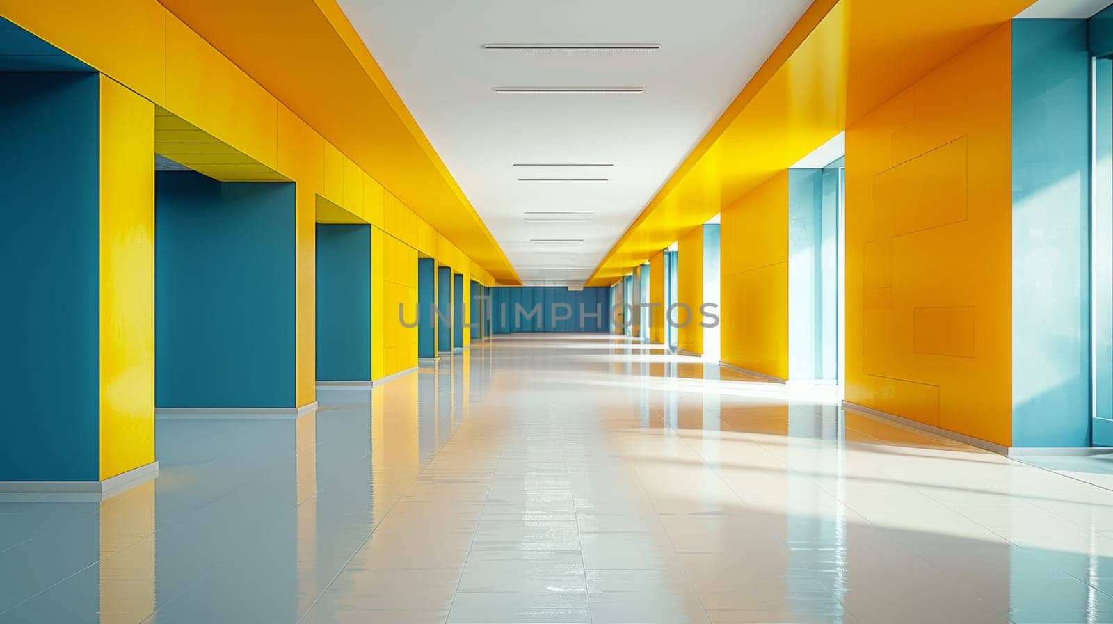 A long hallway with blue and yellow walls in a building