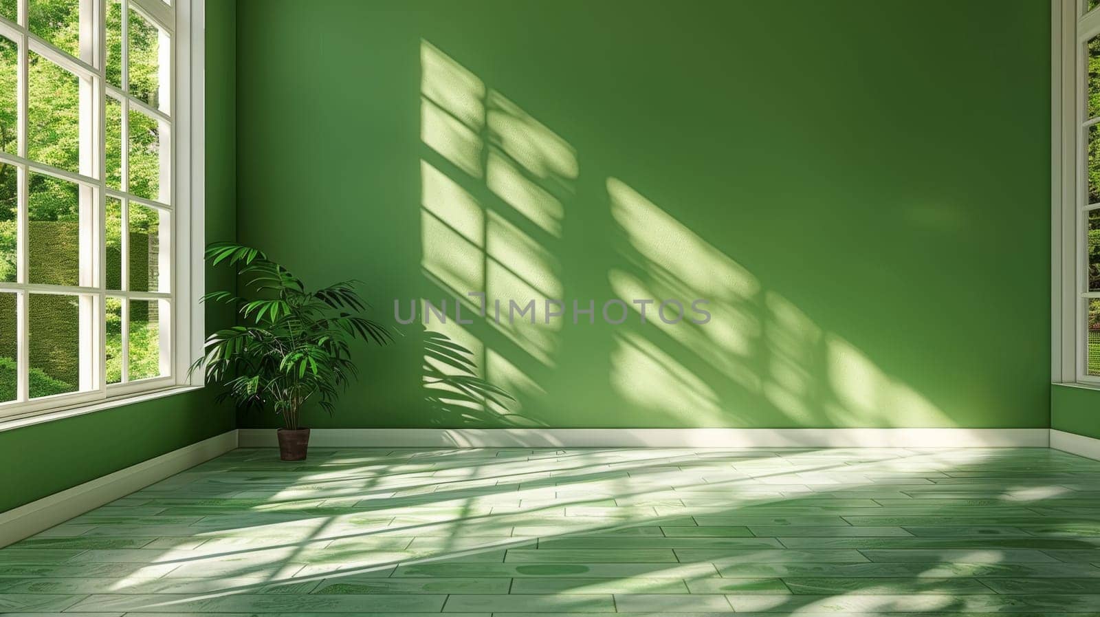 A green wall with a window and plants in the corner