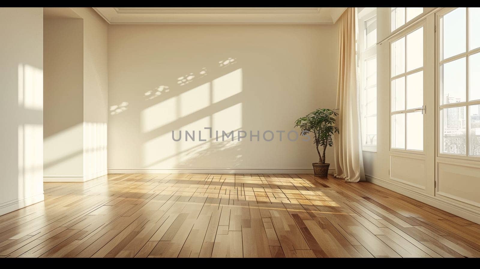 A room with a large window and wooden flooring