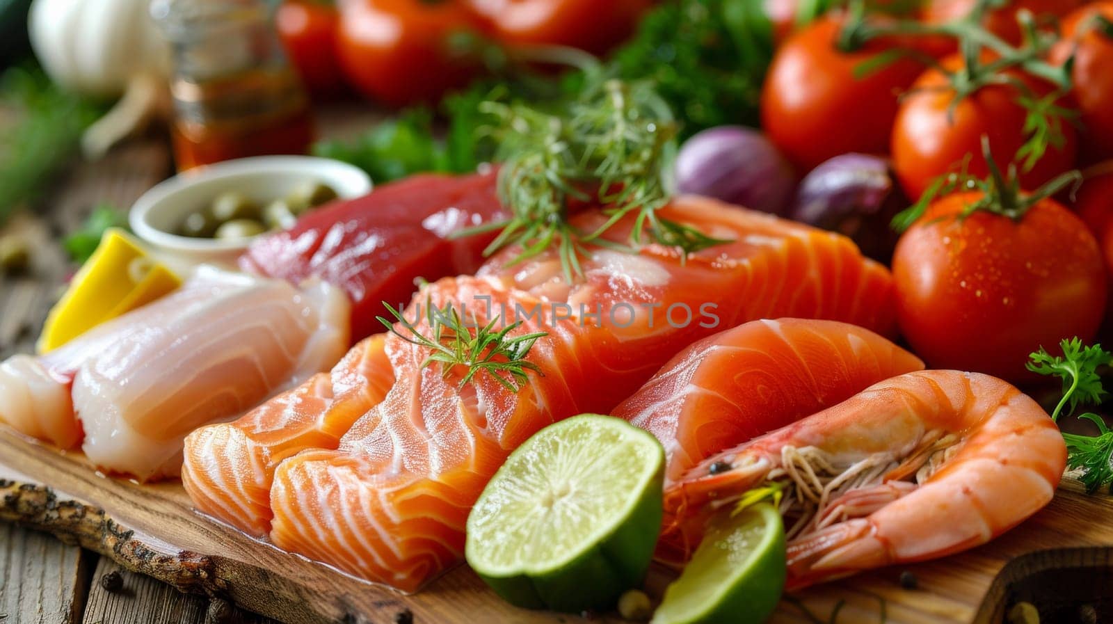 A close up of a cutting board with various types of seafood