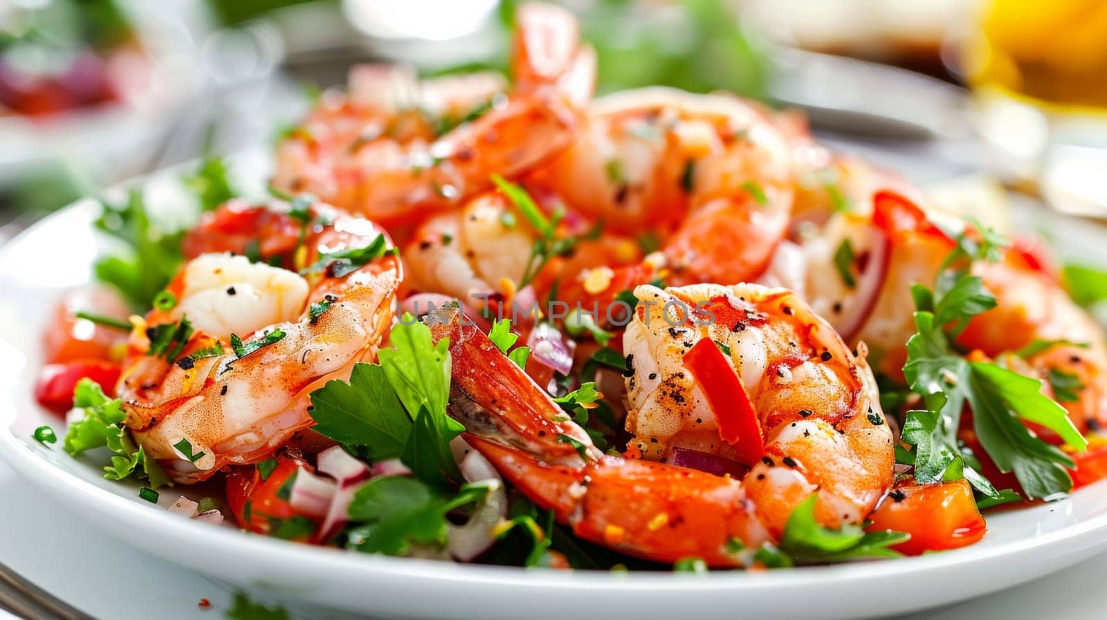 A plate of a bowl full of shrimp and vegetables