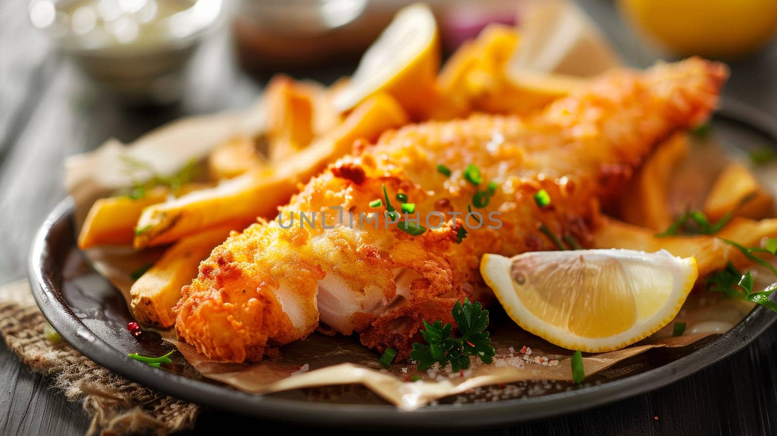 A plate of fried fish and french fries with a lemon wedge