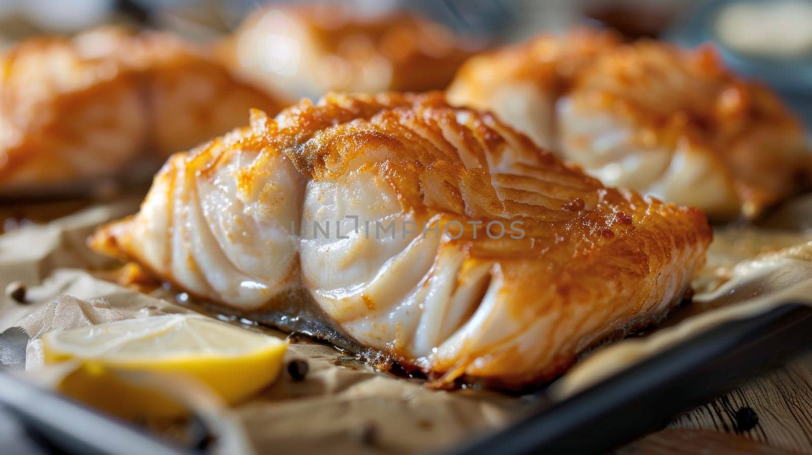 A close up of a tray with some fish and lemon