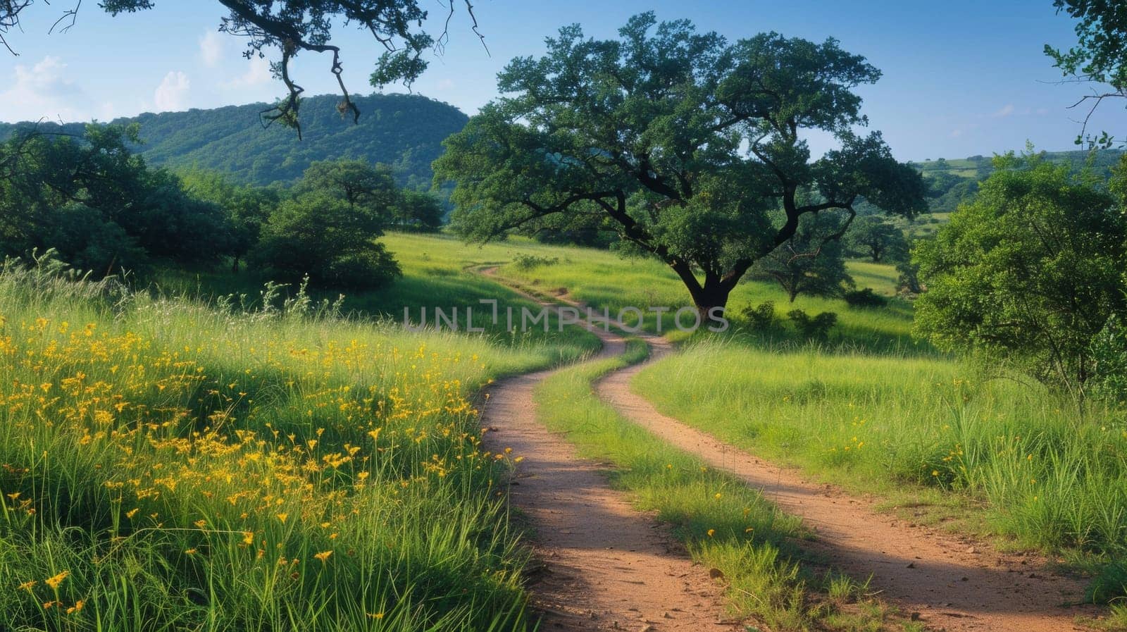 A dirt road in a lush green field with yellow flowers
