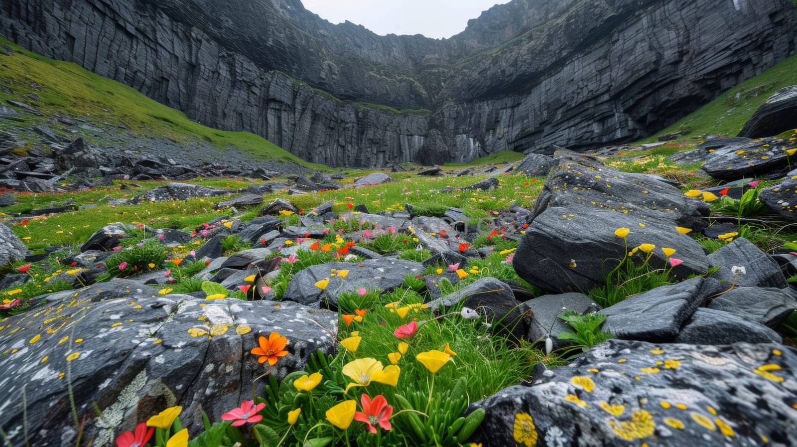 A field of flowers and rocks in a valley with mountains