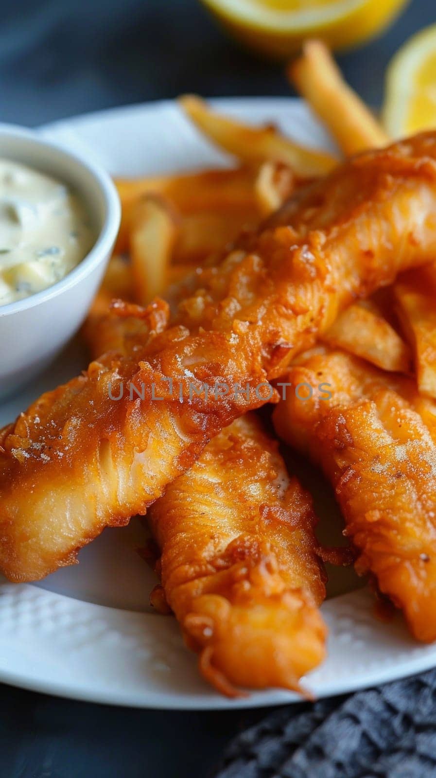 A plate of fish fillets with lemon wedges and tartar sauce