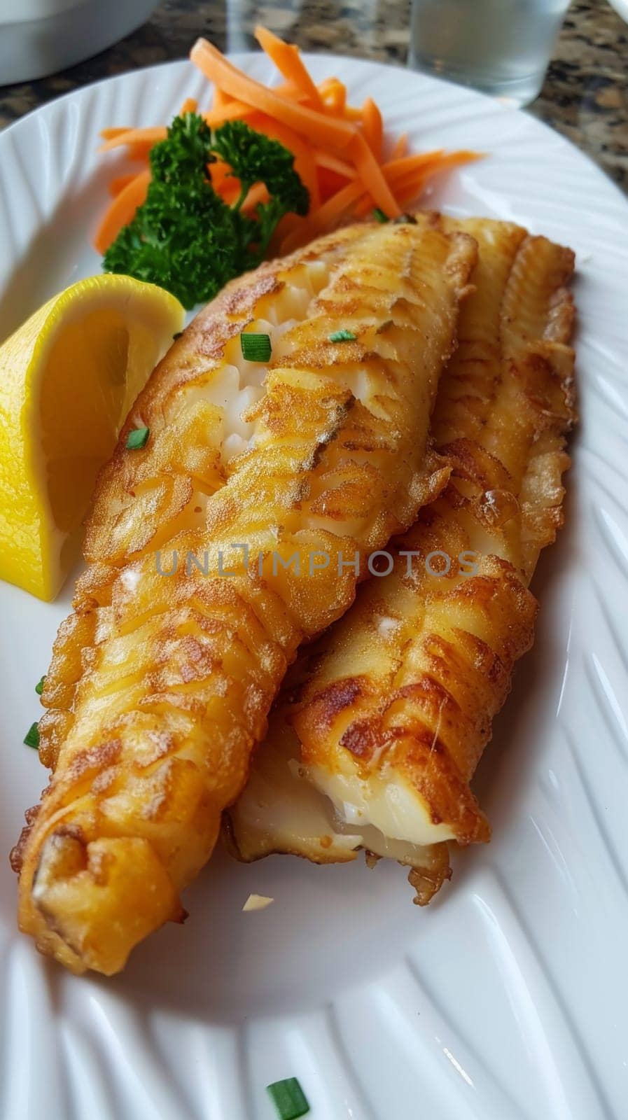 A plate of a white plate topped with fish and vegetables