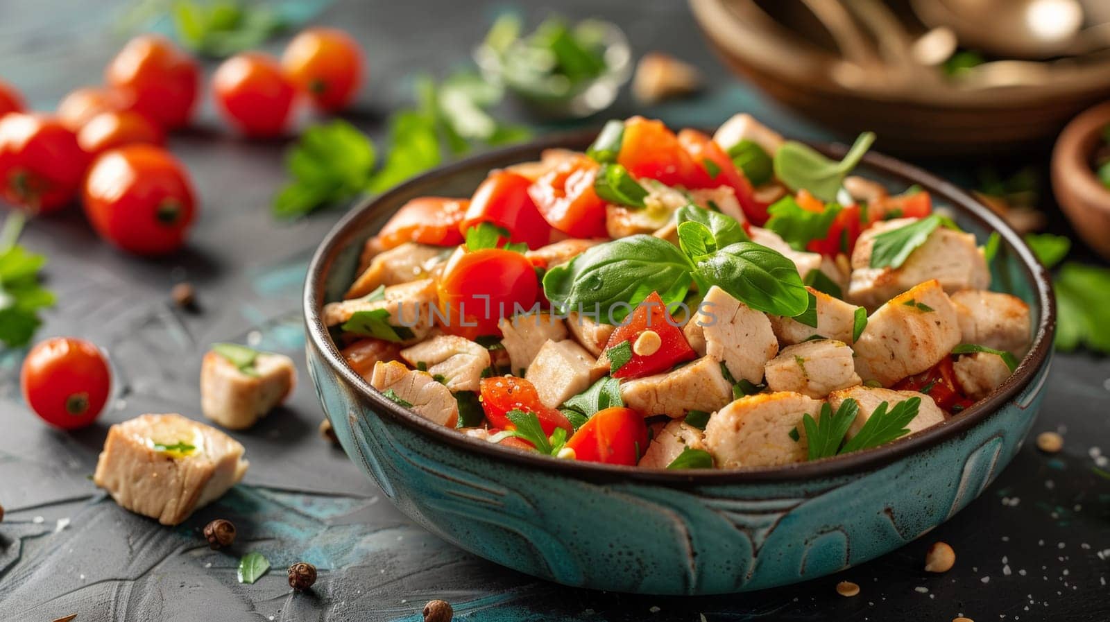A bowl of chicken and vegetables with tomatoes, basil leaves and parsley