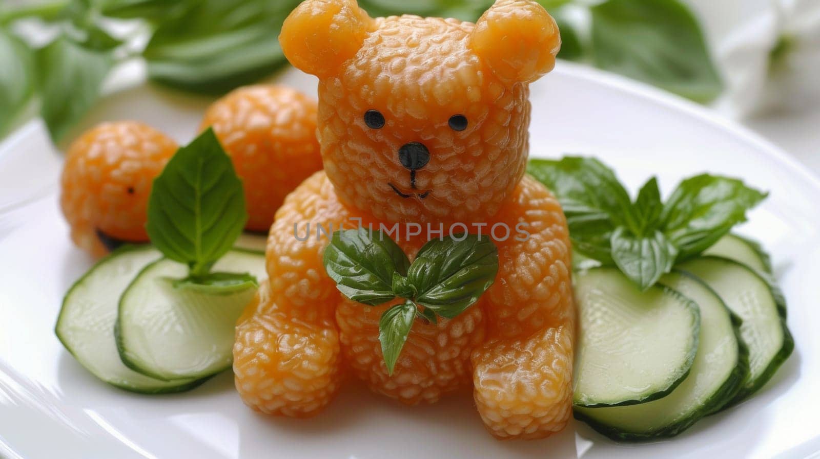 A teddy bear made out of vegetables and cucumbers on a plate