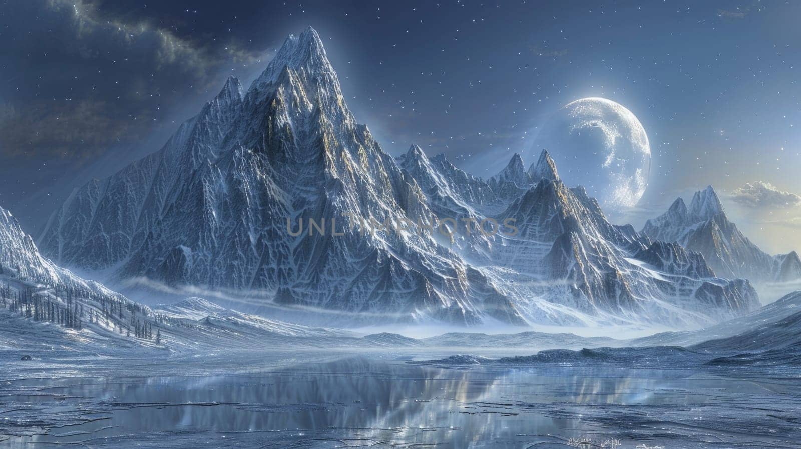 A painting of a snowy mountain range with the moon in the sky
