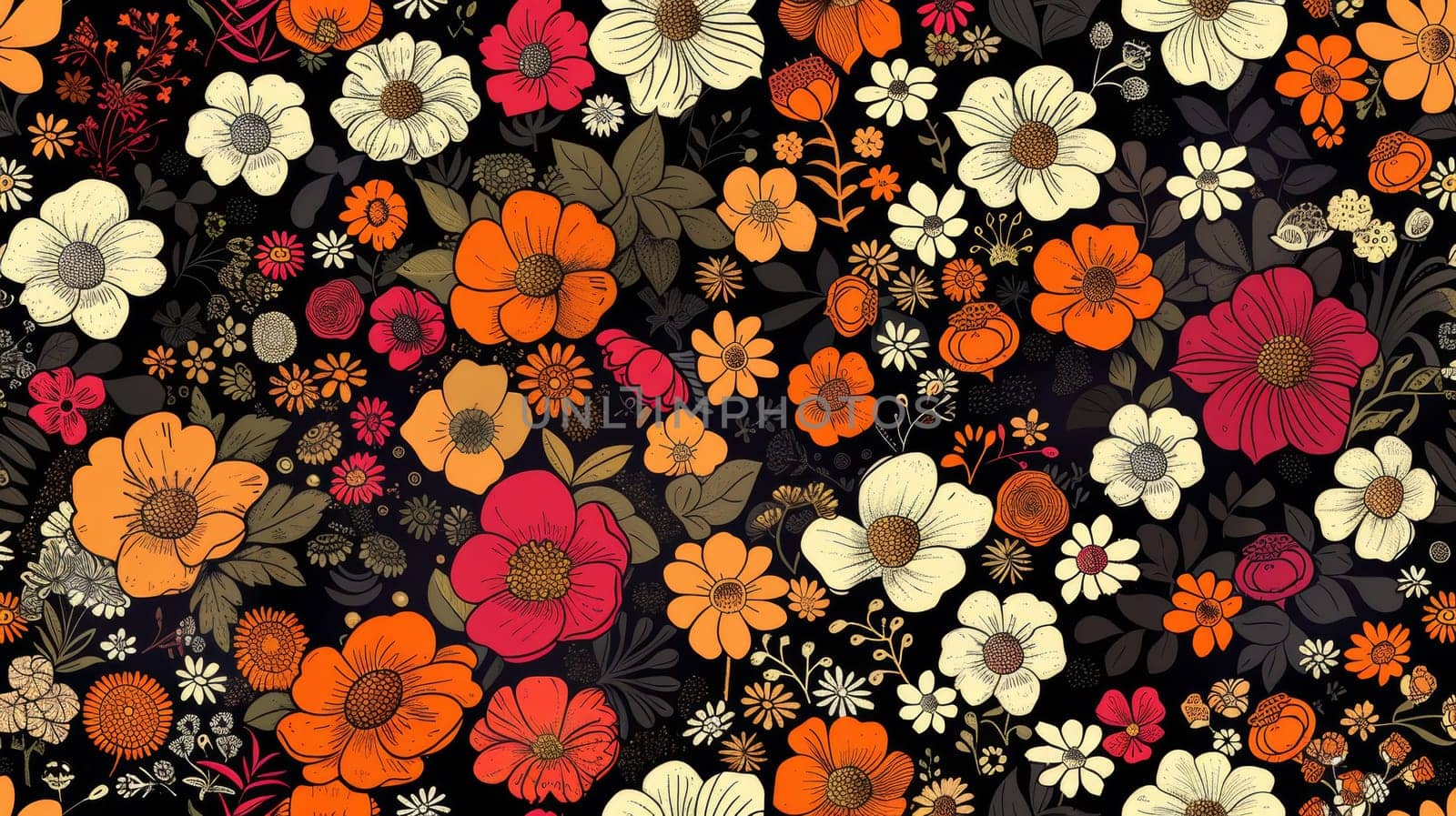 A pattern of a colorful floral design on black background