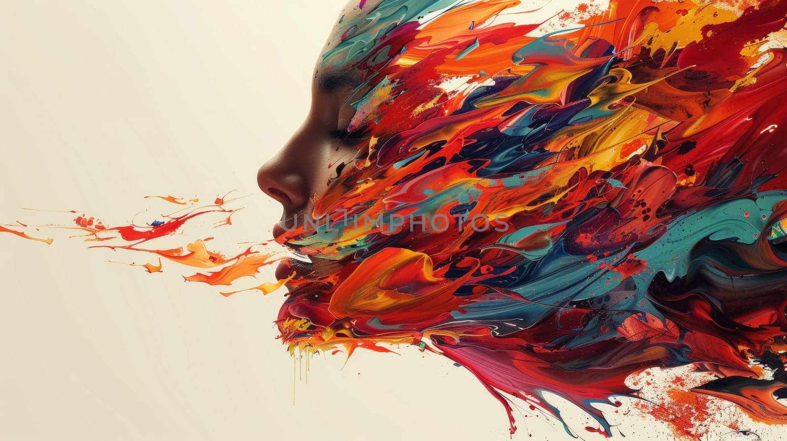 A woman's face is painted with colorful paint splatters