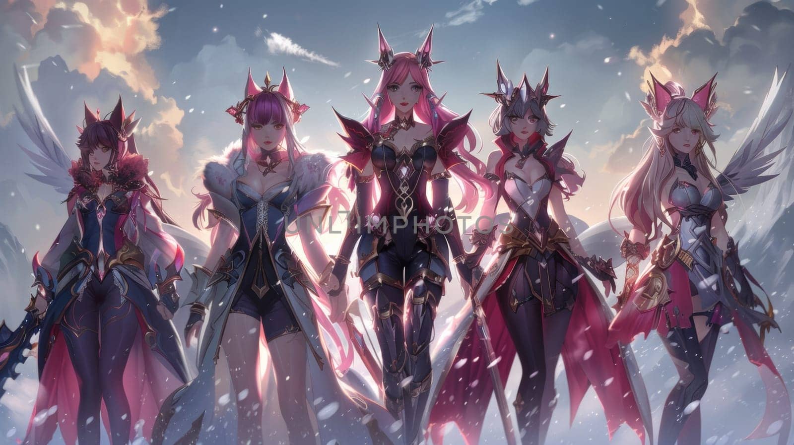 A group of anime characters standing in the snow