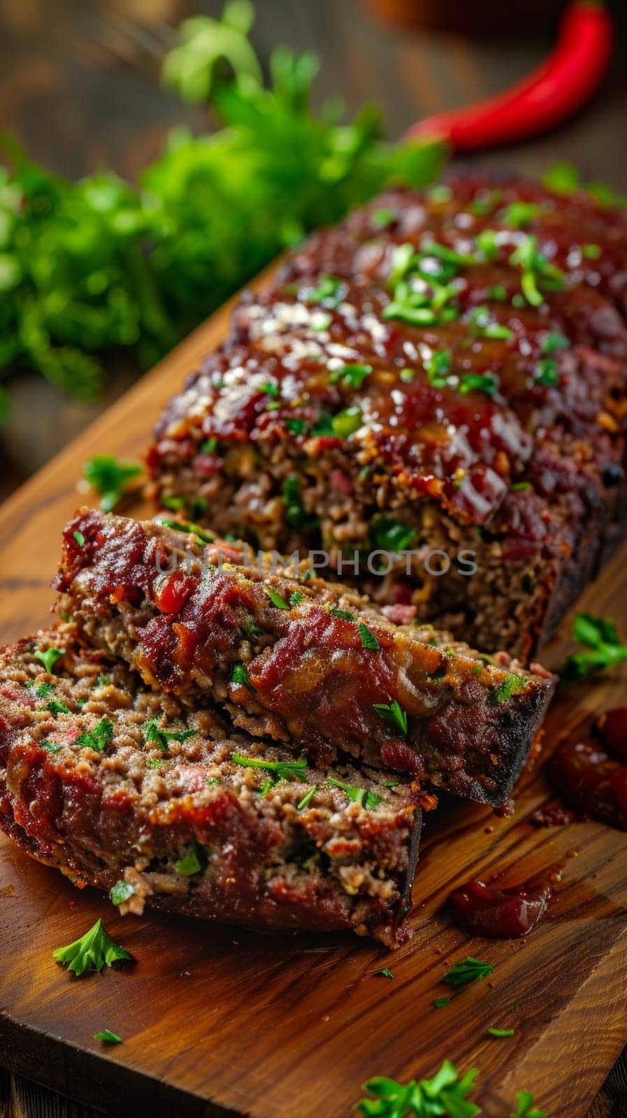 A meatloaf is sliced and sitting on a cutting board