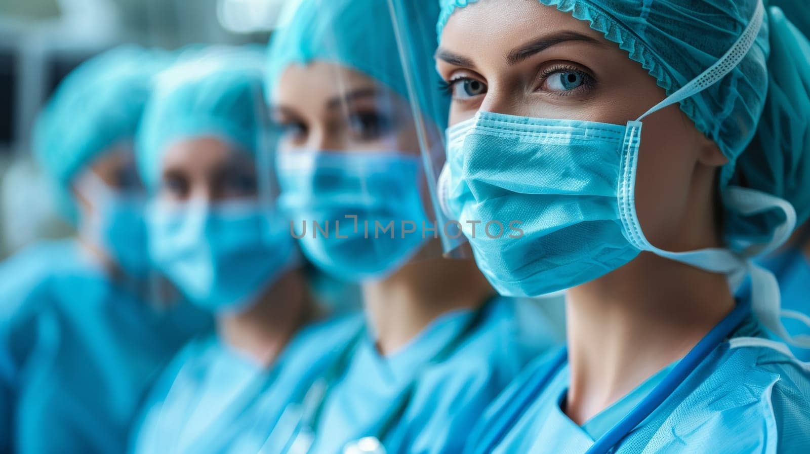 A group of female doctors in blue scrubs and surgical masks