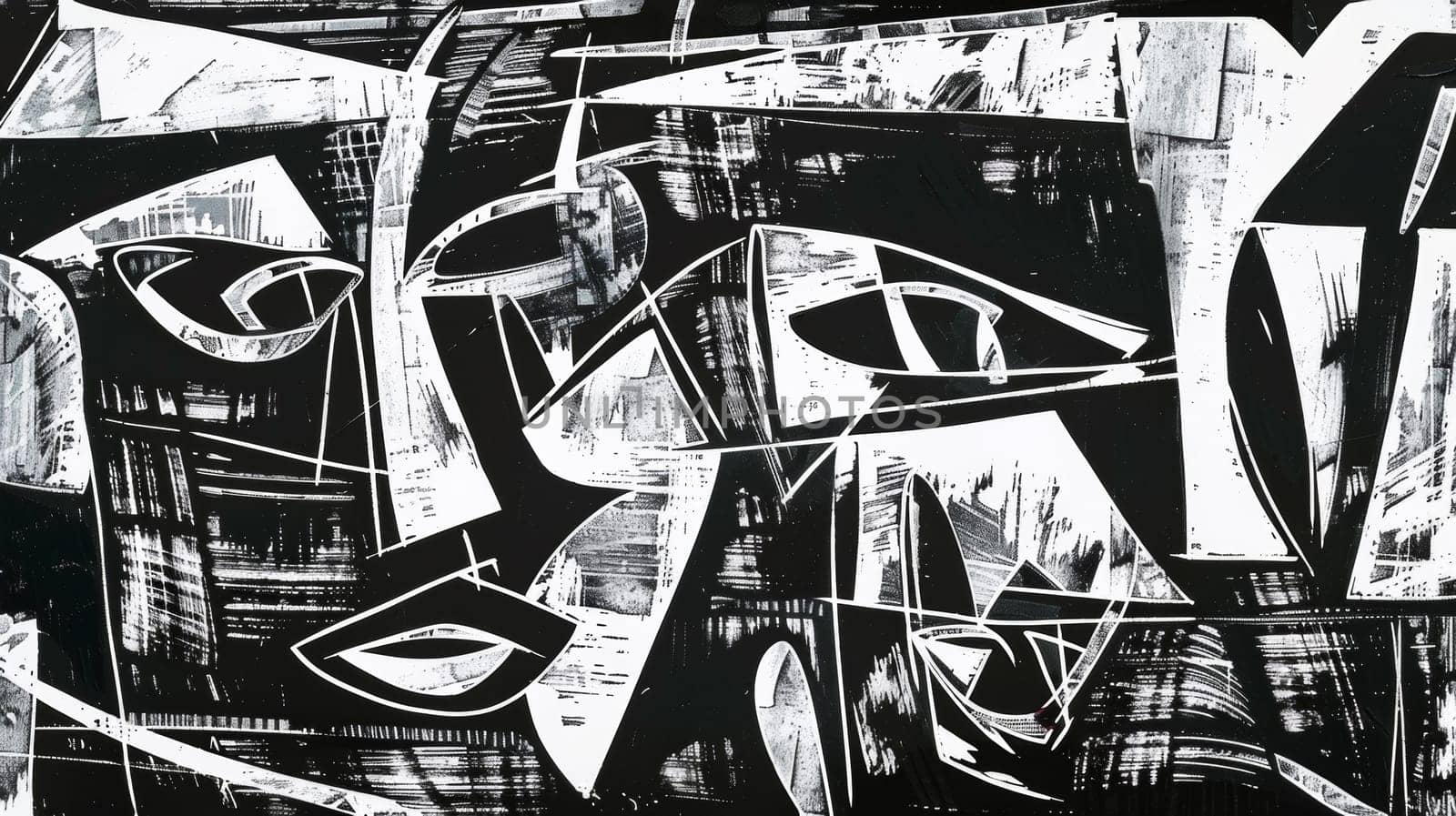 A black and white painting of a face with eyes