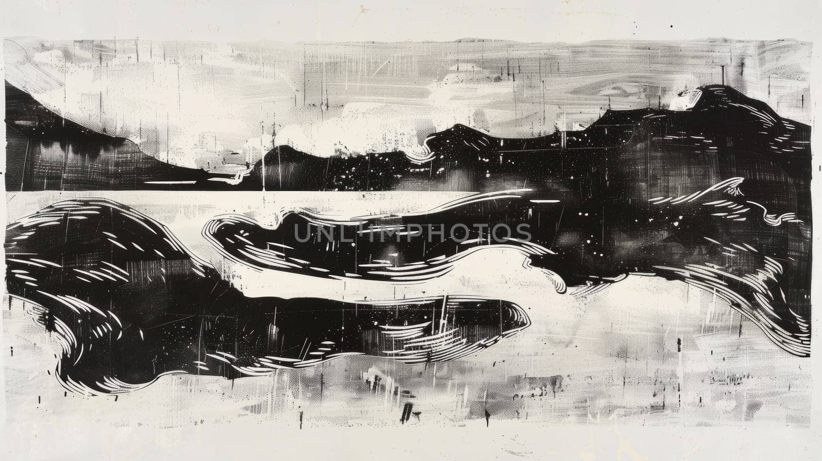 A black and white drawing of a mountain range