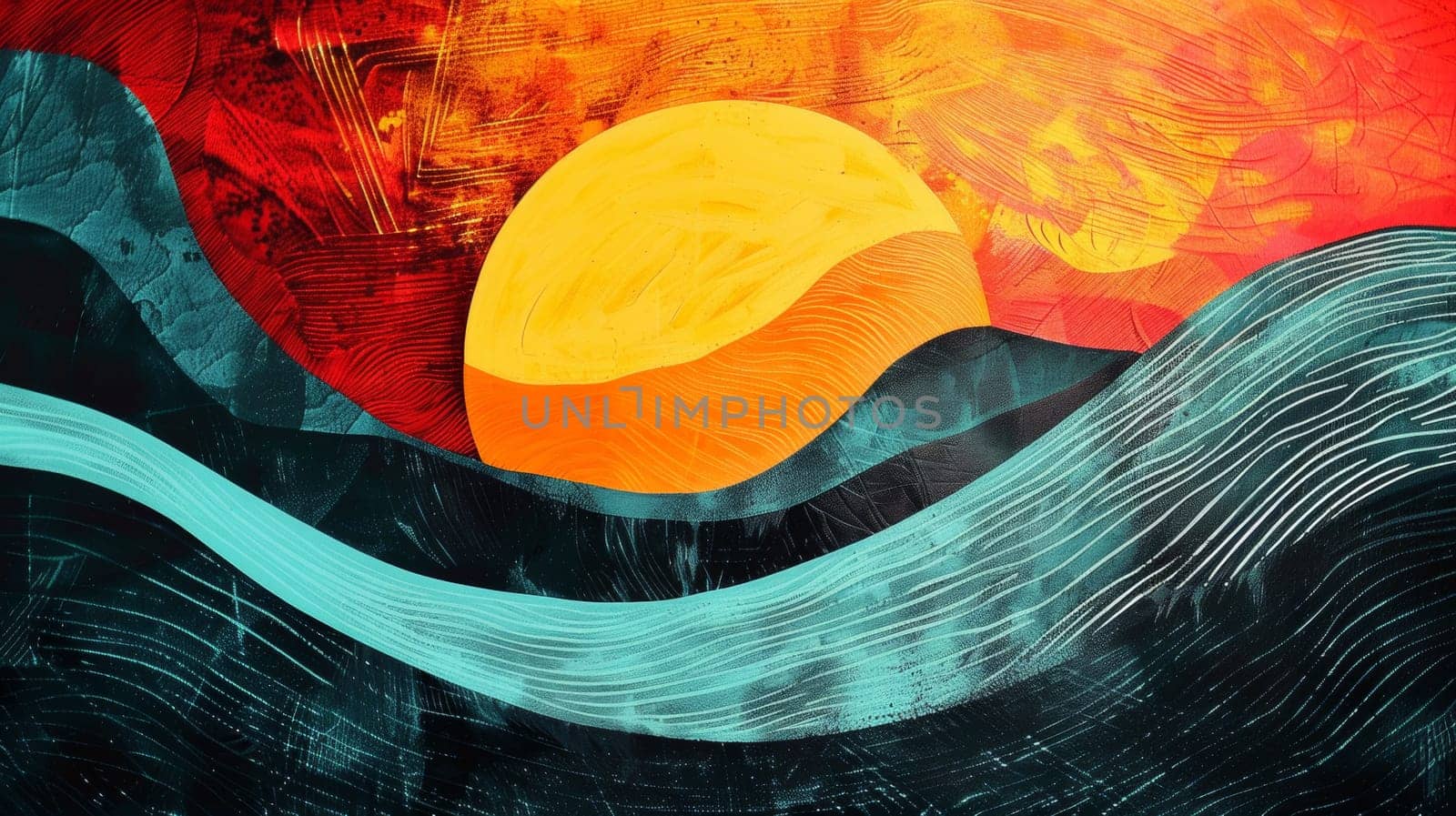 A painting of a sunset over the ocean with waves
