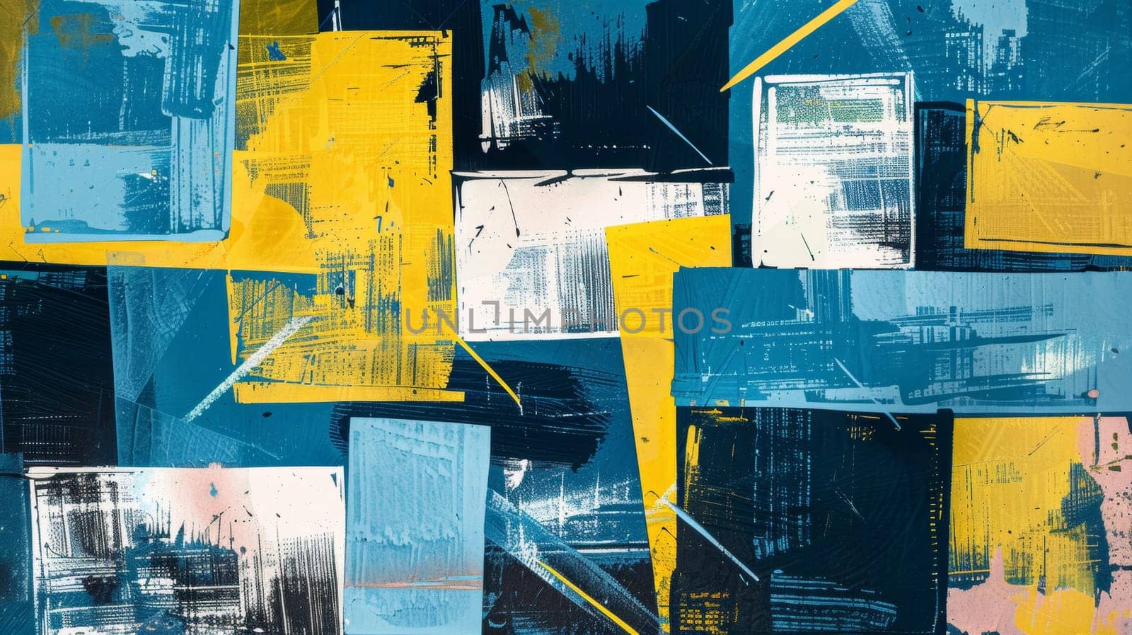 A painting of a blue and yellow abstract design with squares