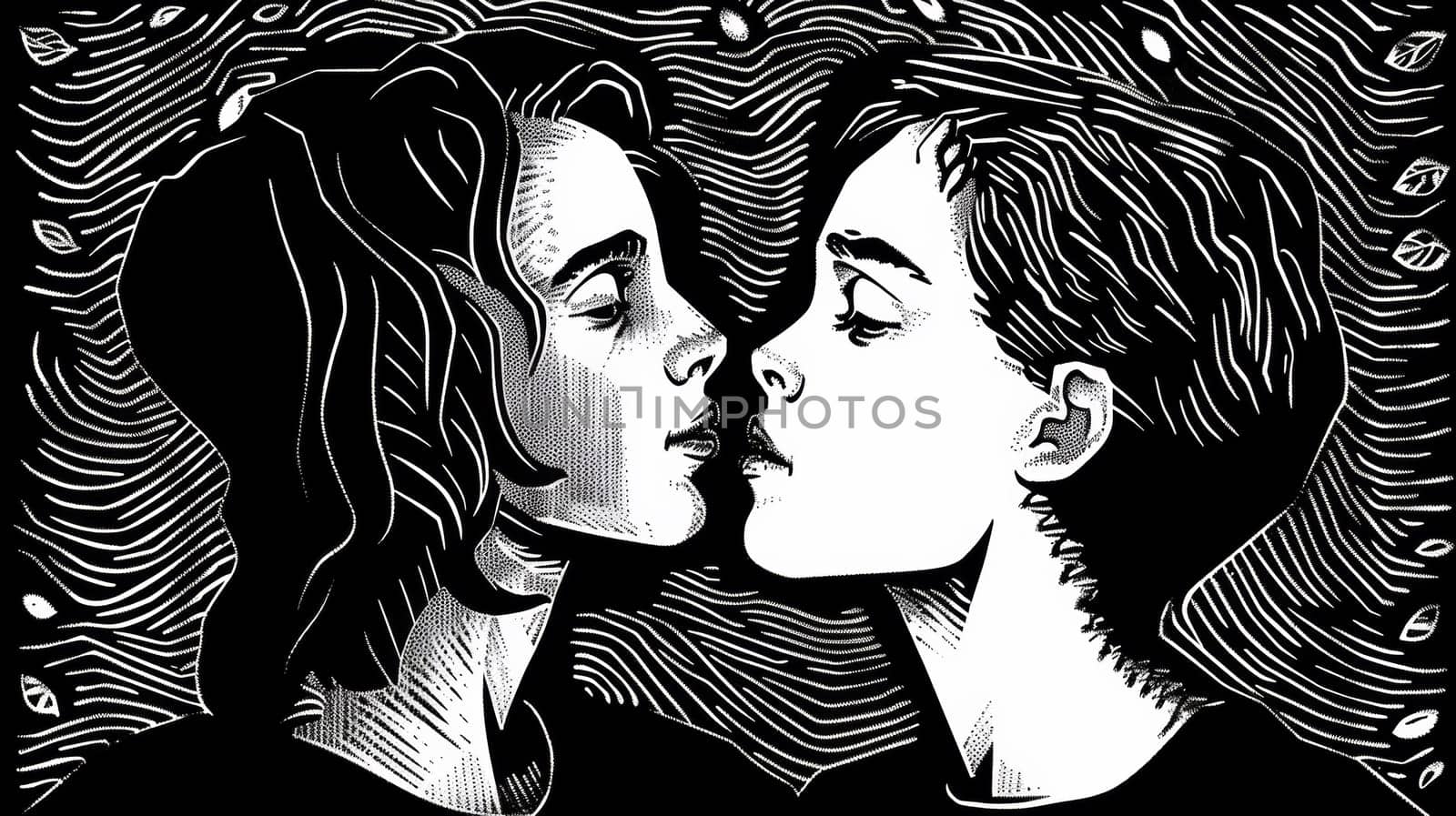 Two people kissing each other in a black and white drawing