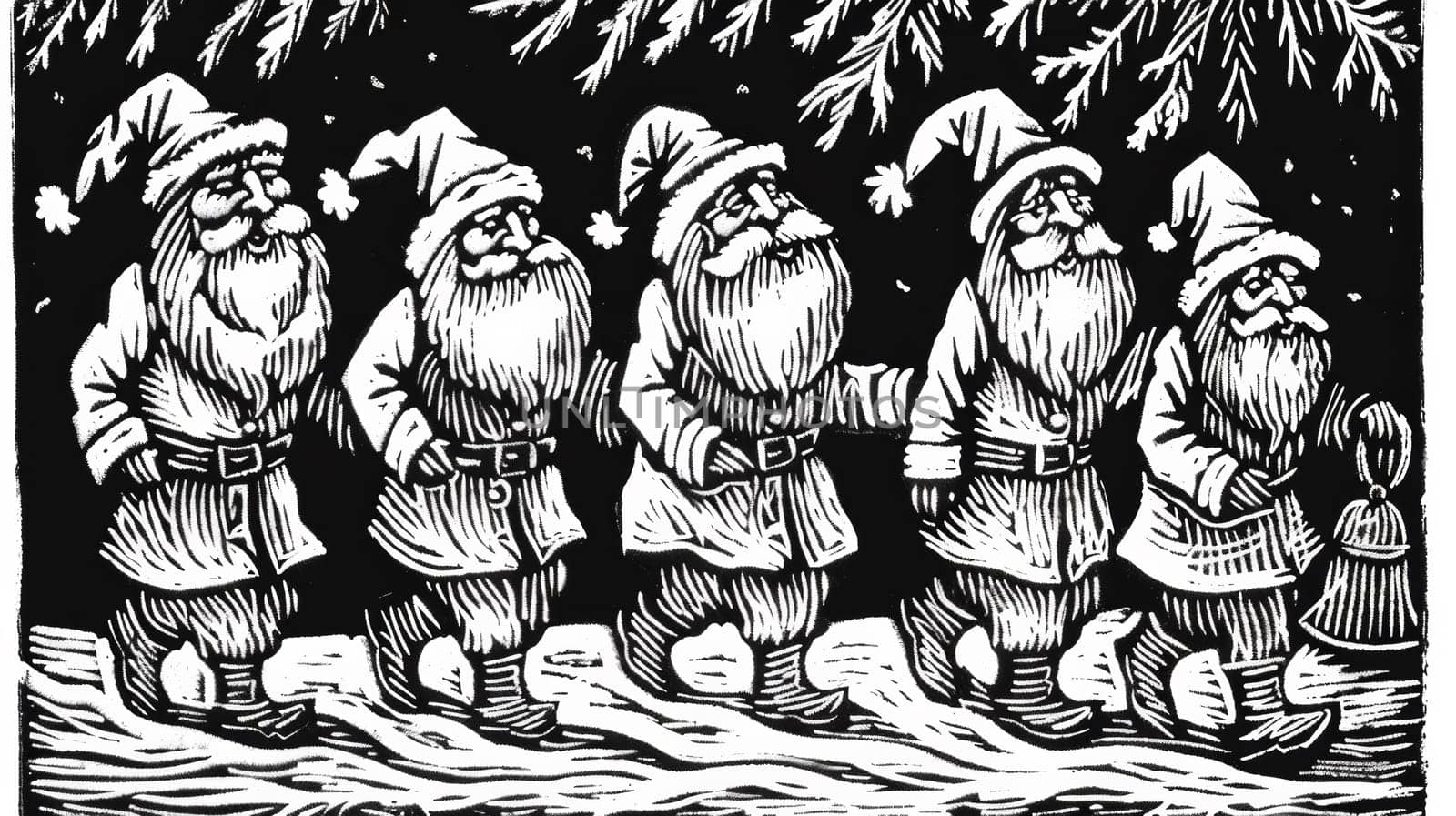A black and white drawing of santa claus walking with his reindeer