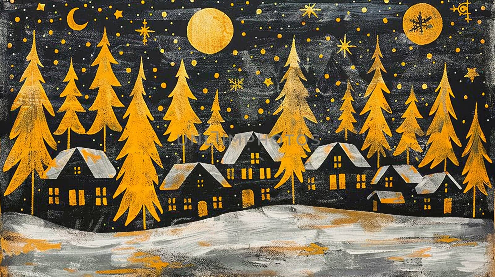 A painting of a snowy scene with trees and houses
