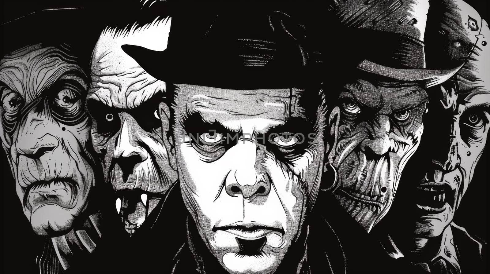 The black and white drawing shows many different faces