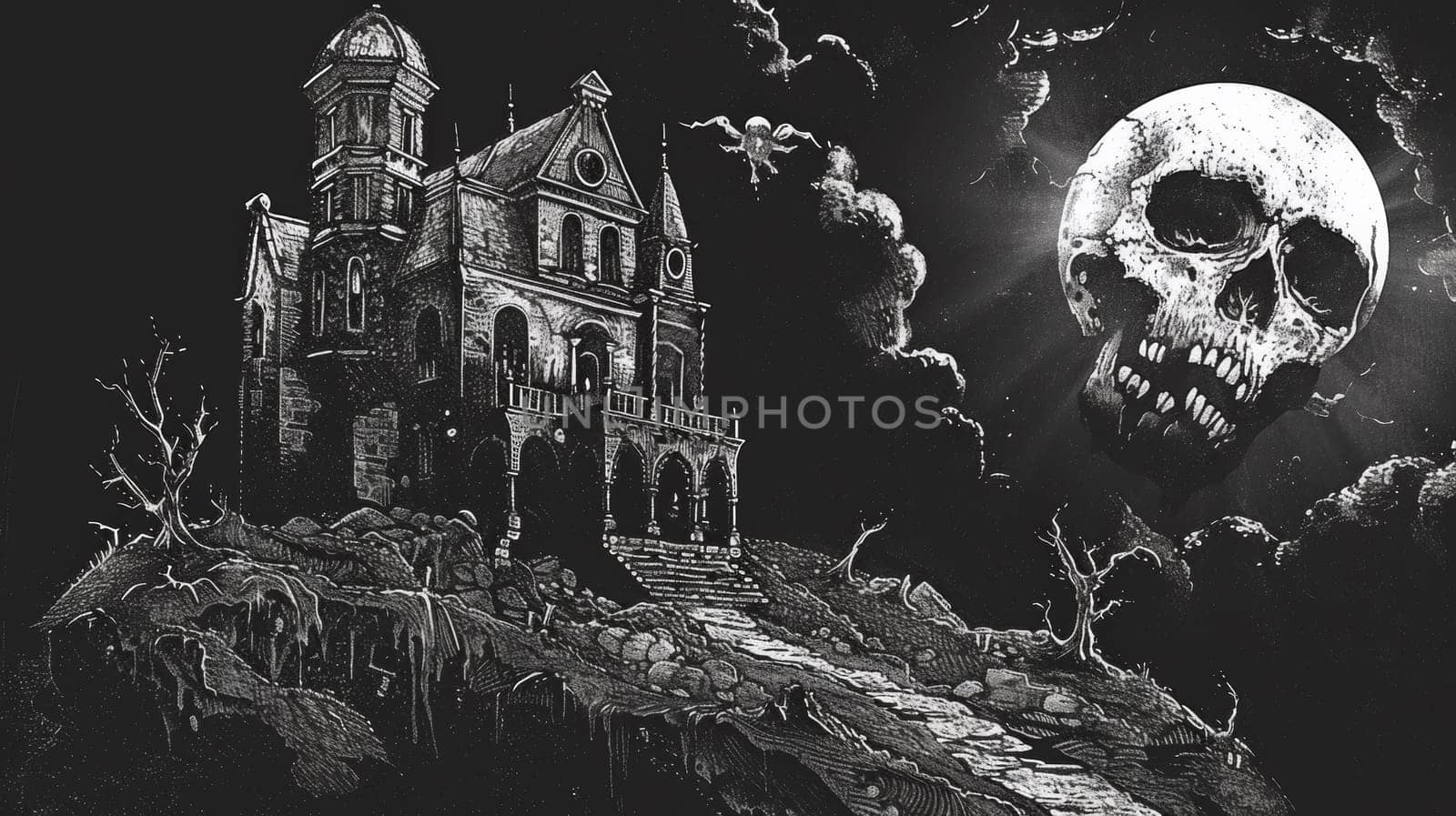 A black and white drawing of a house with a skull on top