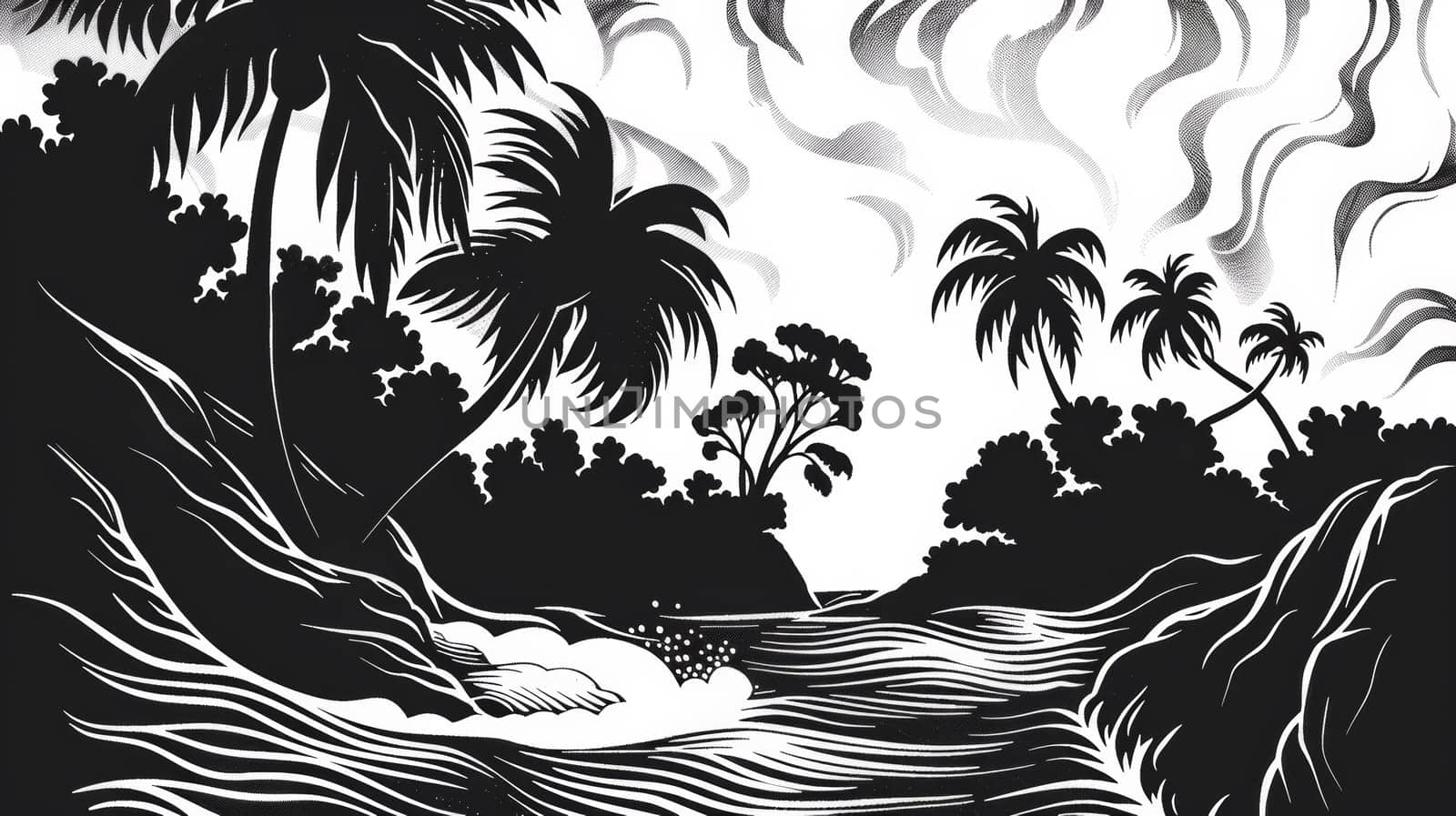 A black and white drawing of a river with palm trees