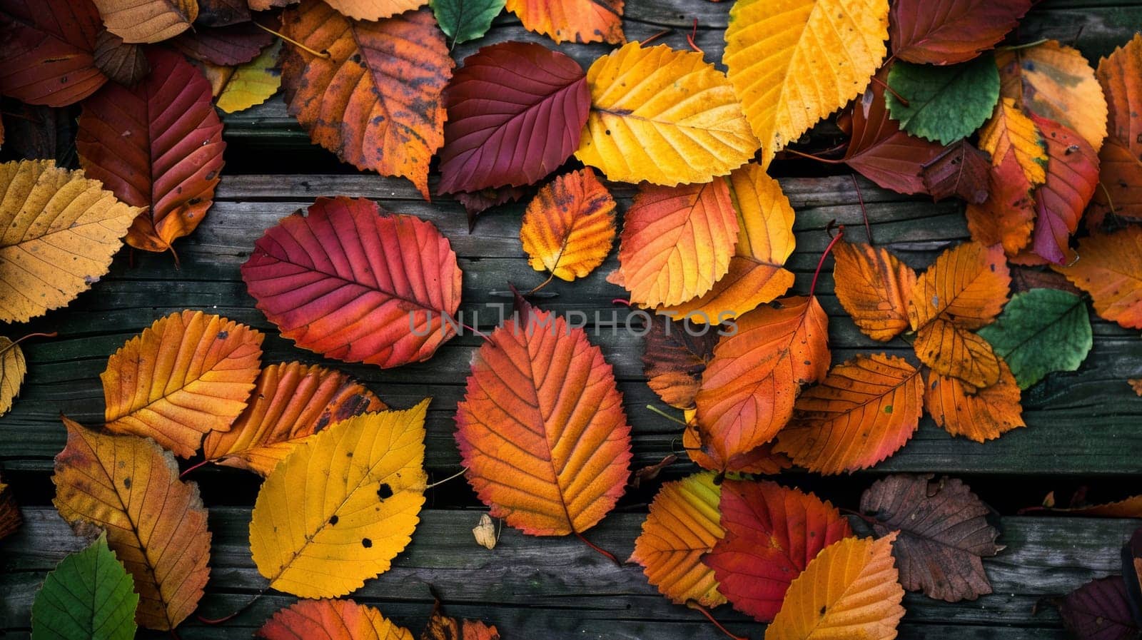 A bunch of leaves are laying on top of a wooden table