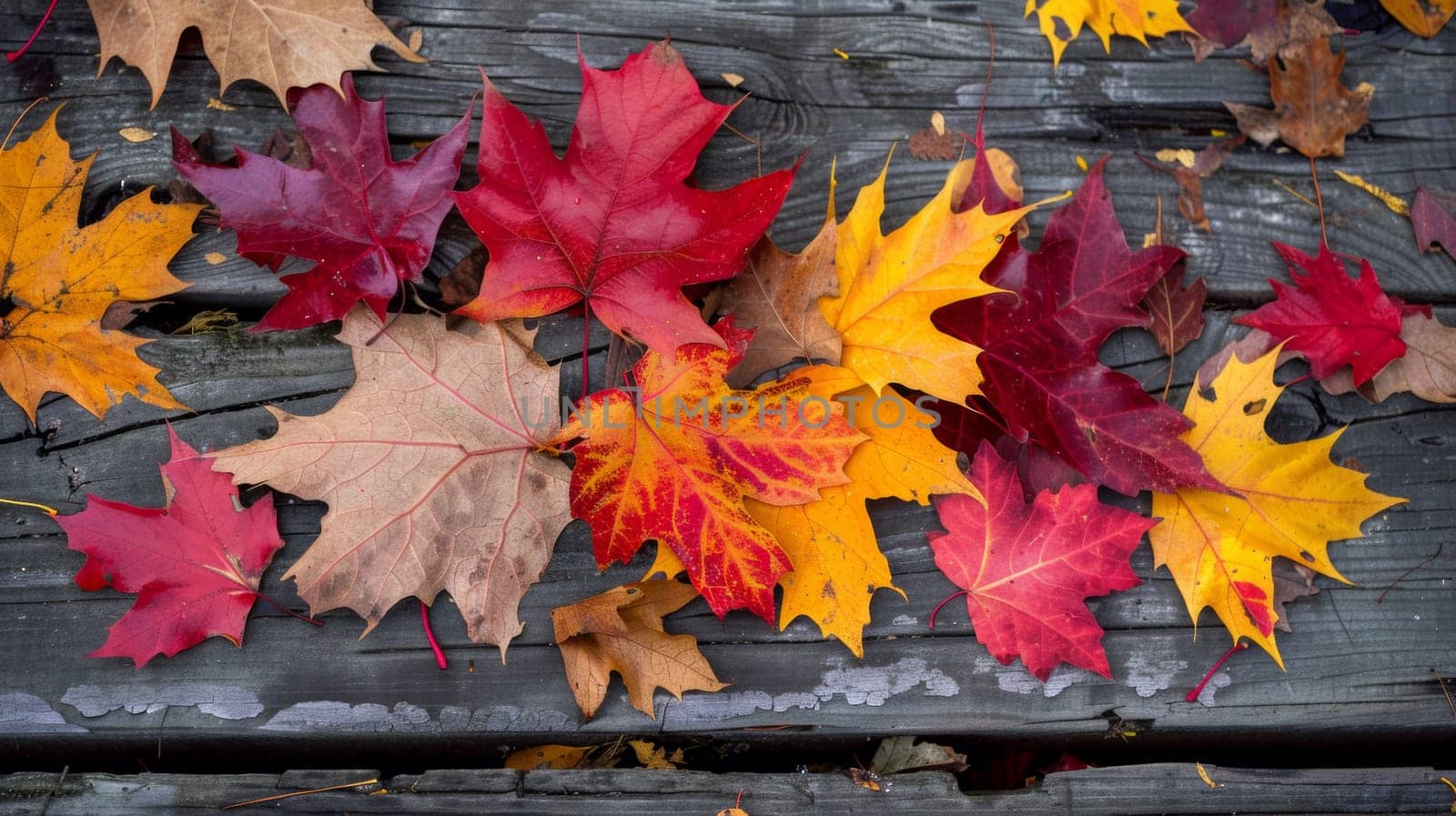 A bunch of different colored leaves laying on a wooden table