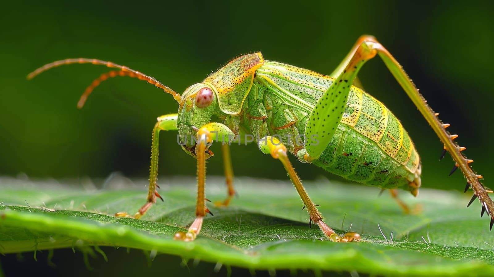 A close up of a green bug on top of some leaves