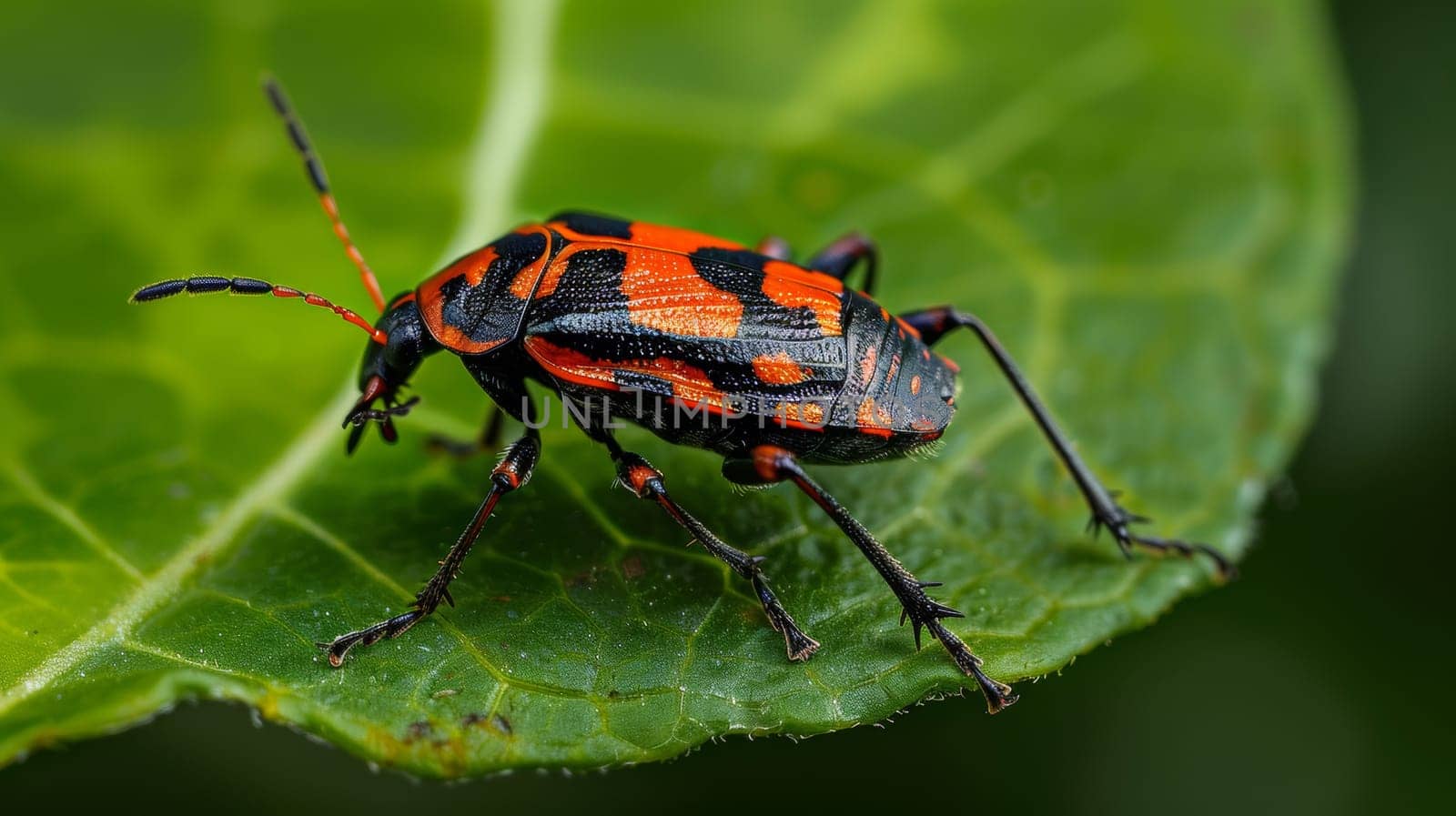 A bug with black and orange markings on a leaf