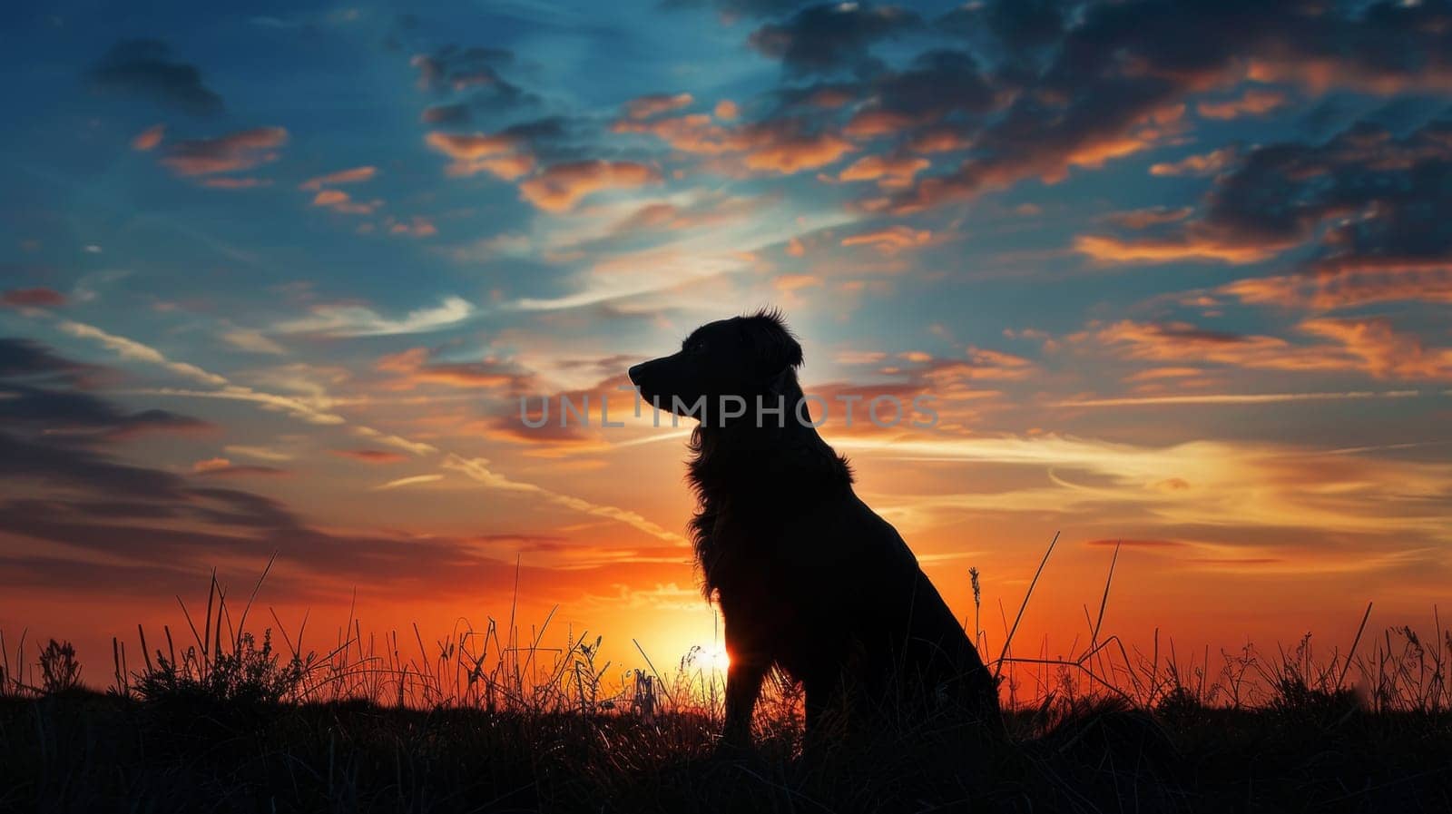 A dog sitting in the grass at sunset with a beautiful sky behind it