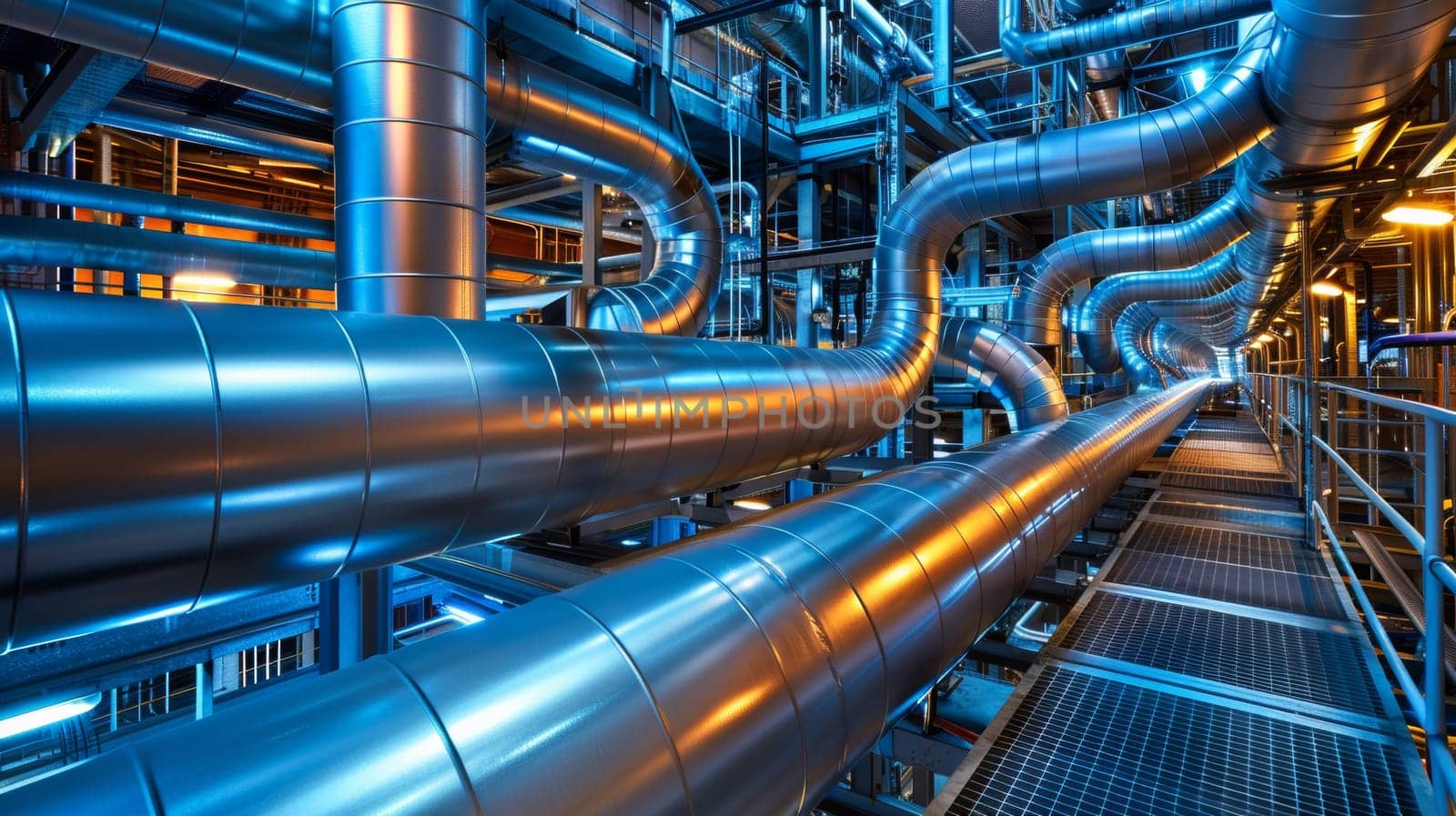 A large industrial building with many pipes and a lot of metal