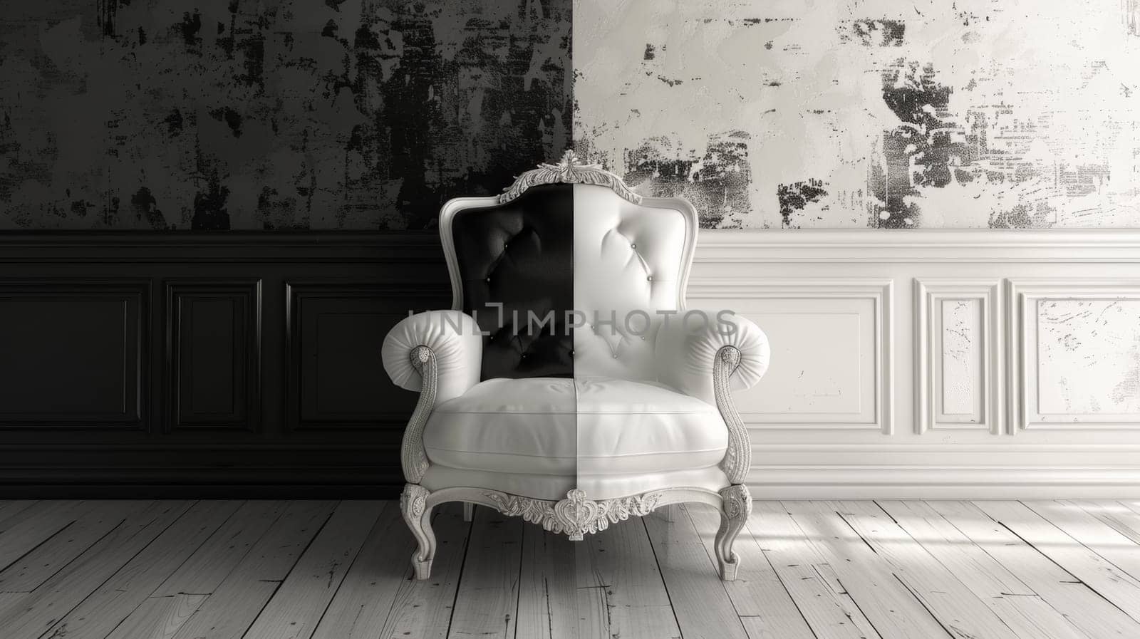 A chair in a room with black and white paint on the walls