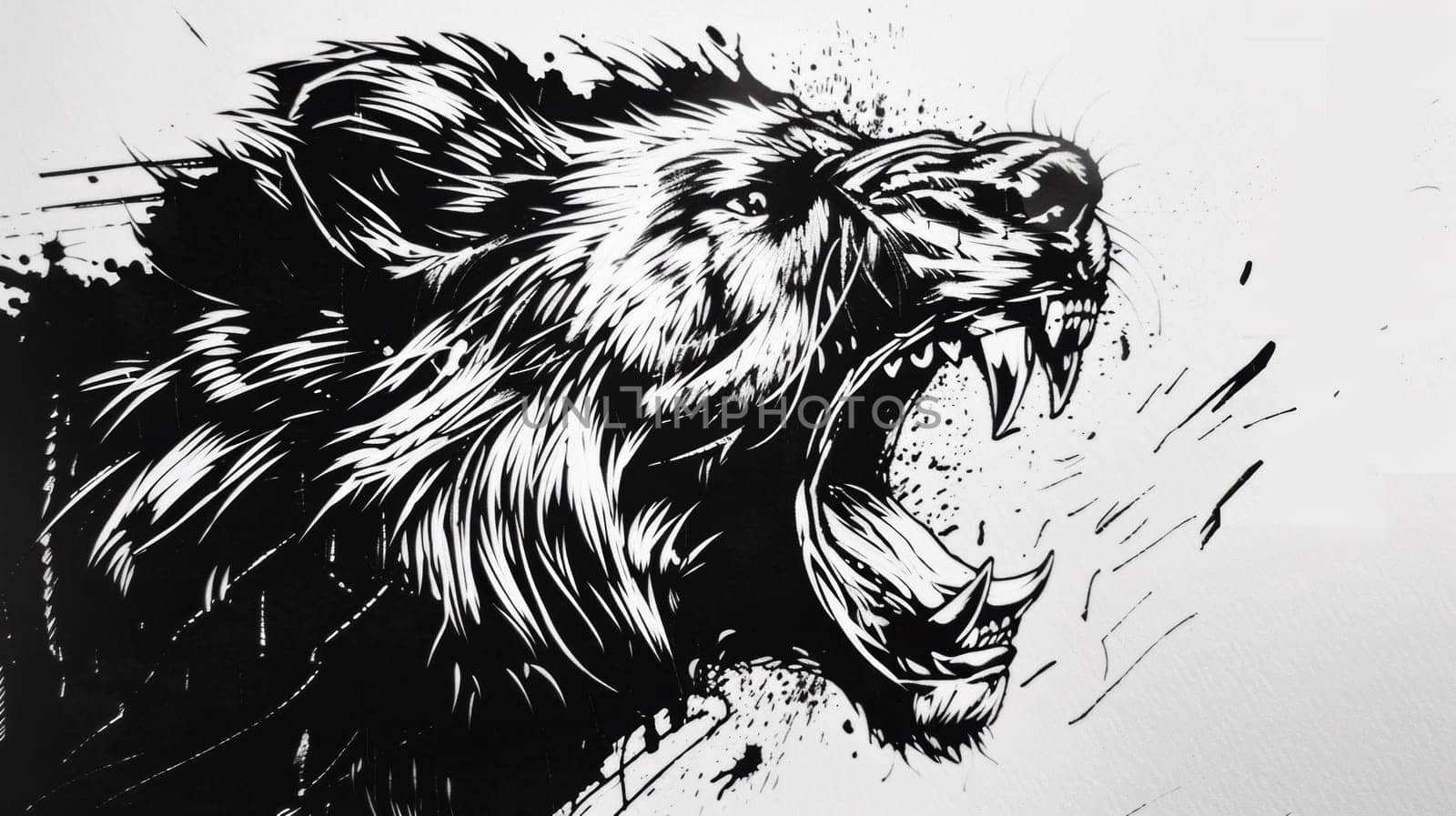 A black and white drawing of a bear with its mouth open