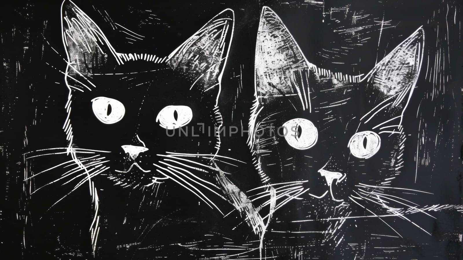 A black and white drawing of two cats with big eyes