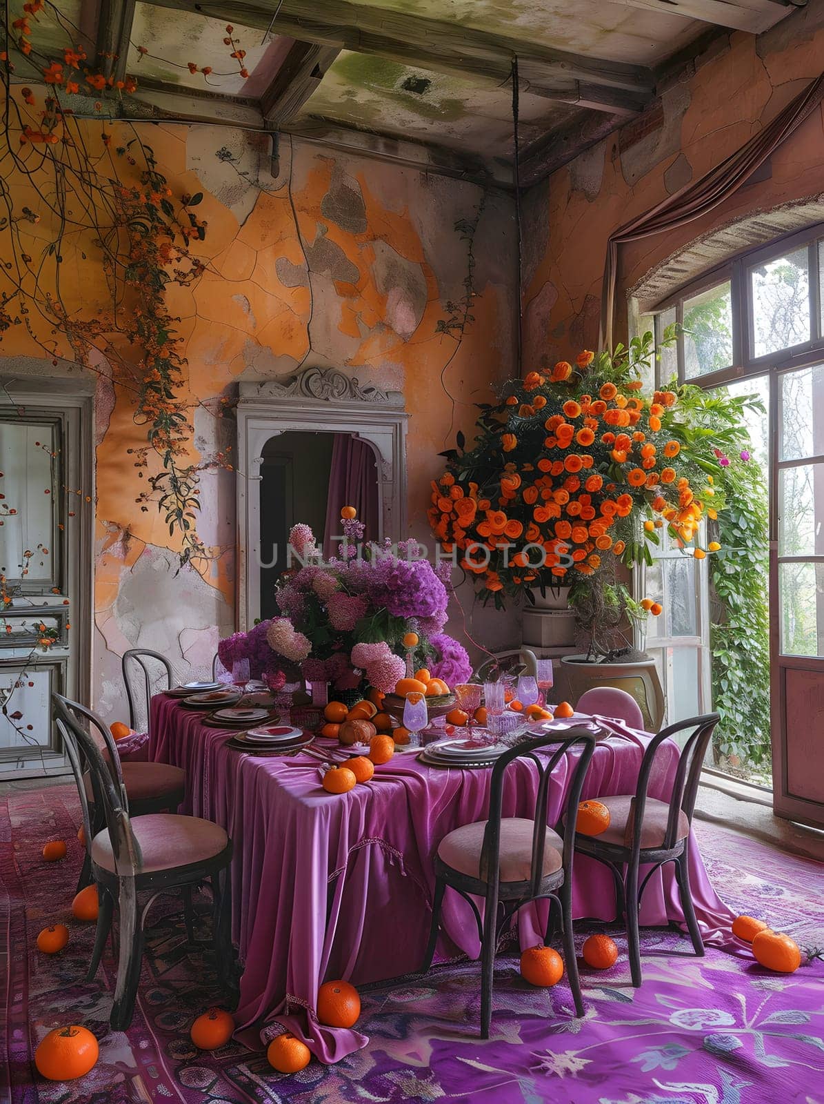 An interior design featuring a dining room adorned with Halloween decor, including a purple table and chairs, spooky plants, and themed window decorations