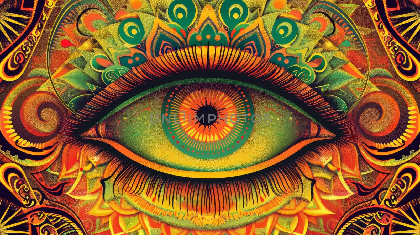 A psychedelic eye with a colorful background and intricate patterns
